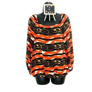 Vince CAMUTO Printed Boho Pattern Off Shoulder Long Sleeve Blouse Brown Medium